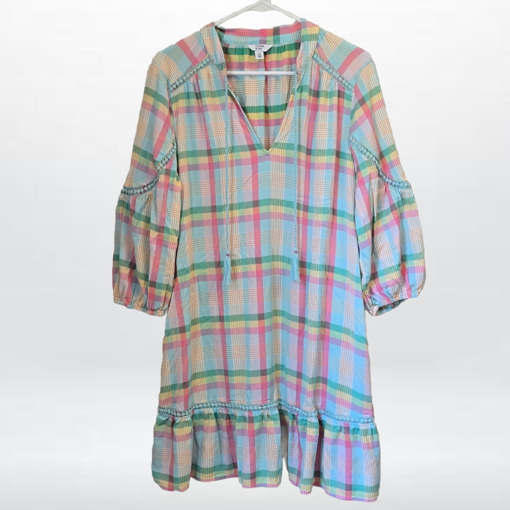 Crown & Ivy Women’s Medium Plaid Peasant Dress Pastel 3/4 Sleeve Ruffle Hem